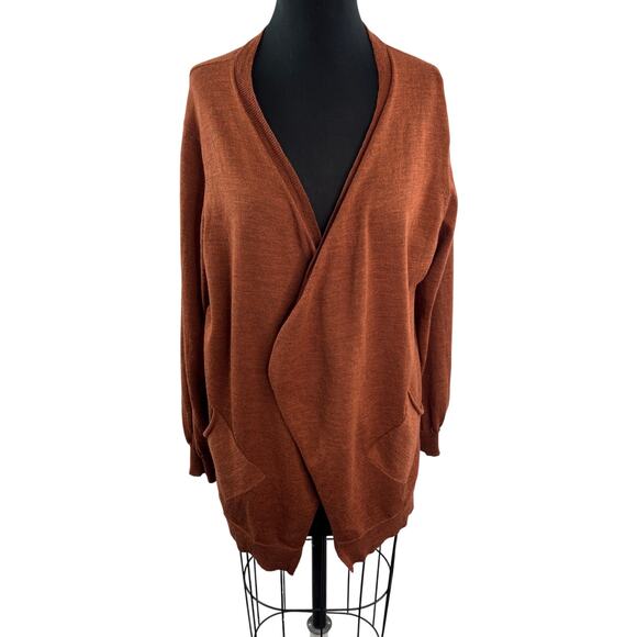 EILEEN FISHER Rust Wool Open Front Cardigan Wrap Pocket Long Sleeve Sweater M? - Picture 1 of 9